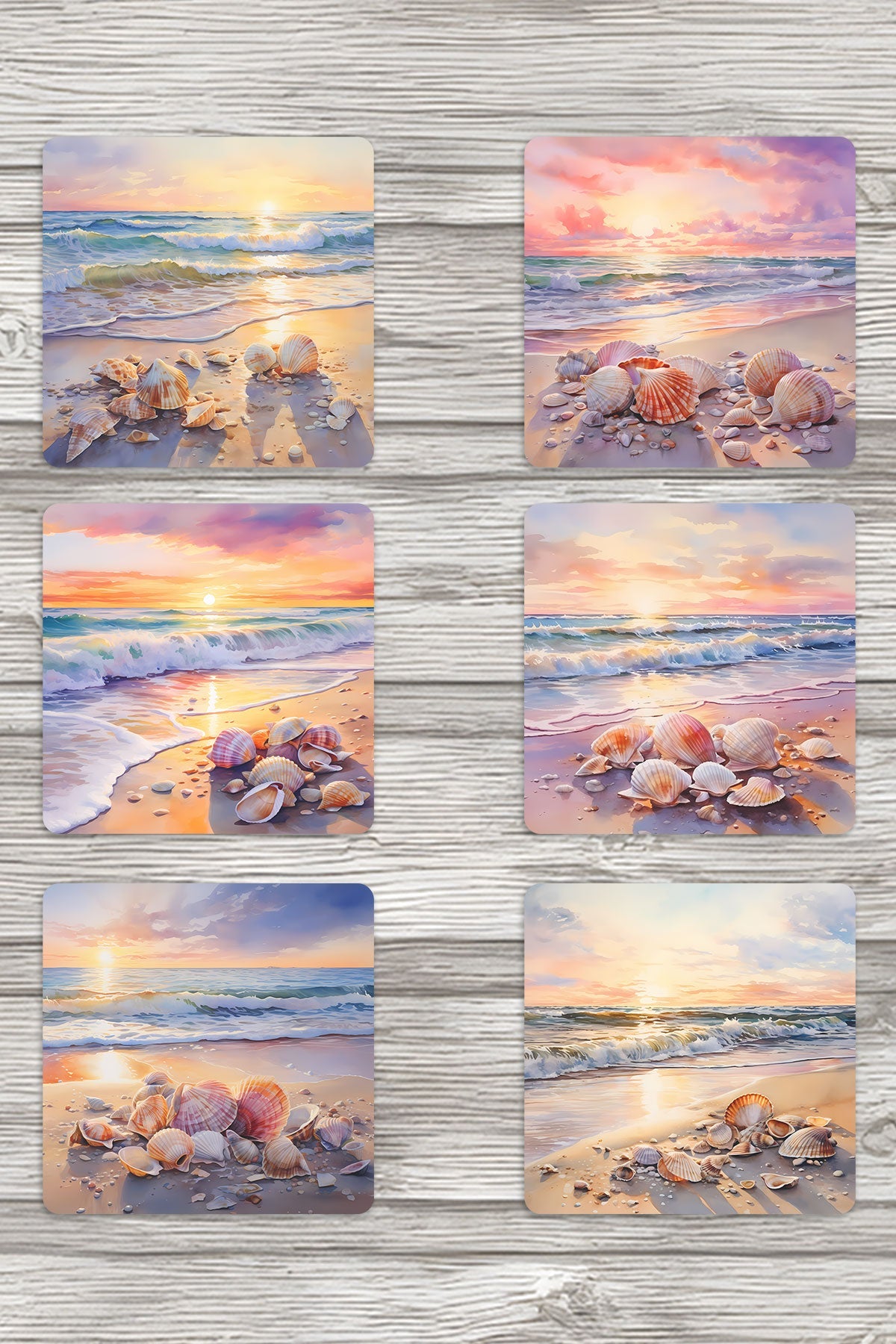 Gün Batımı Sahil No:1 Baskılı 6'lı Set Dekoratif Ahşap Kare Bardak Altlığı