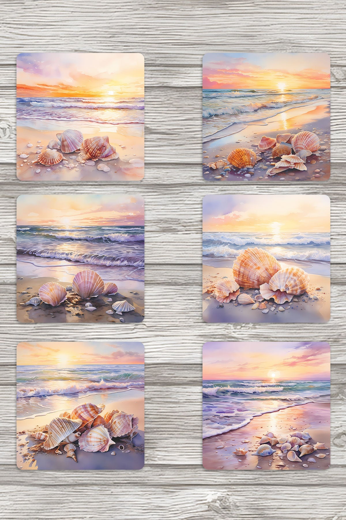 Gün Batımı Sahil No:2 Baskılı 6'lı Set Dekoratif Ahşap Kare Bardak Altlığı