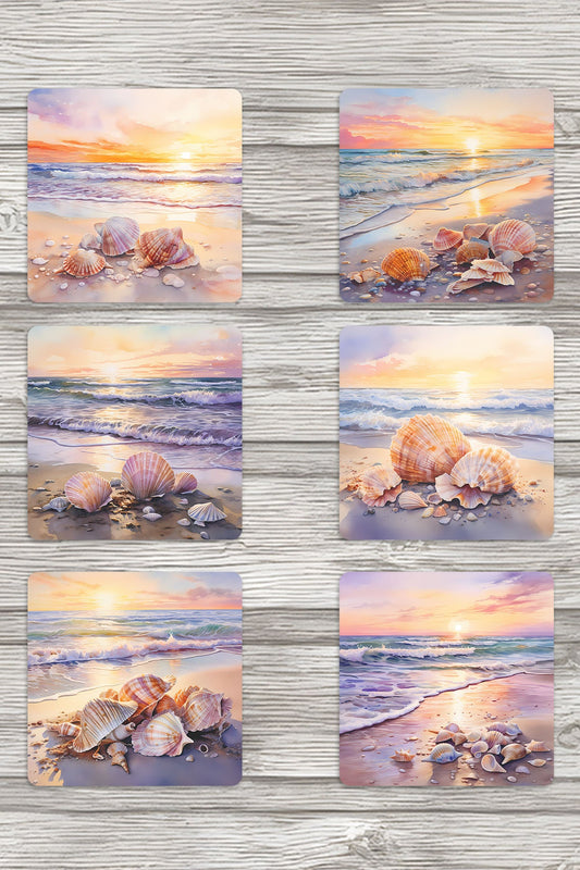 Gün Batımı Sahil No:2 Baskılı 6'lı Set Dekoratif Ahşap Kare Bardak Altlığı