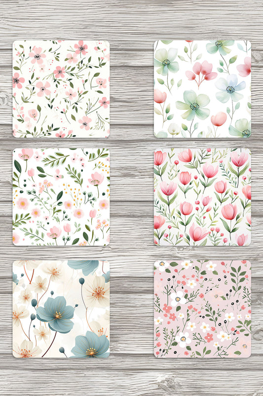 Minimal Çiçekler No:3 Baskılı 6'lı Set Dekoratif Ahşap Kare Bardak Altlığı