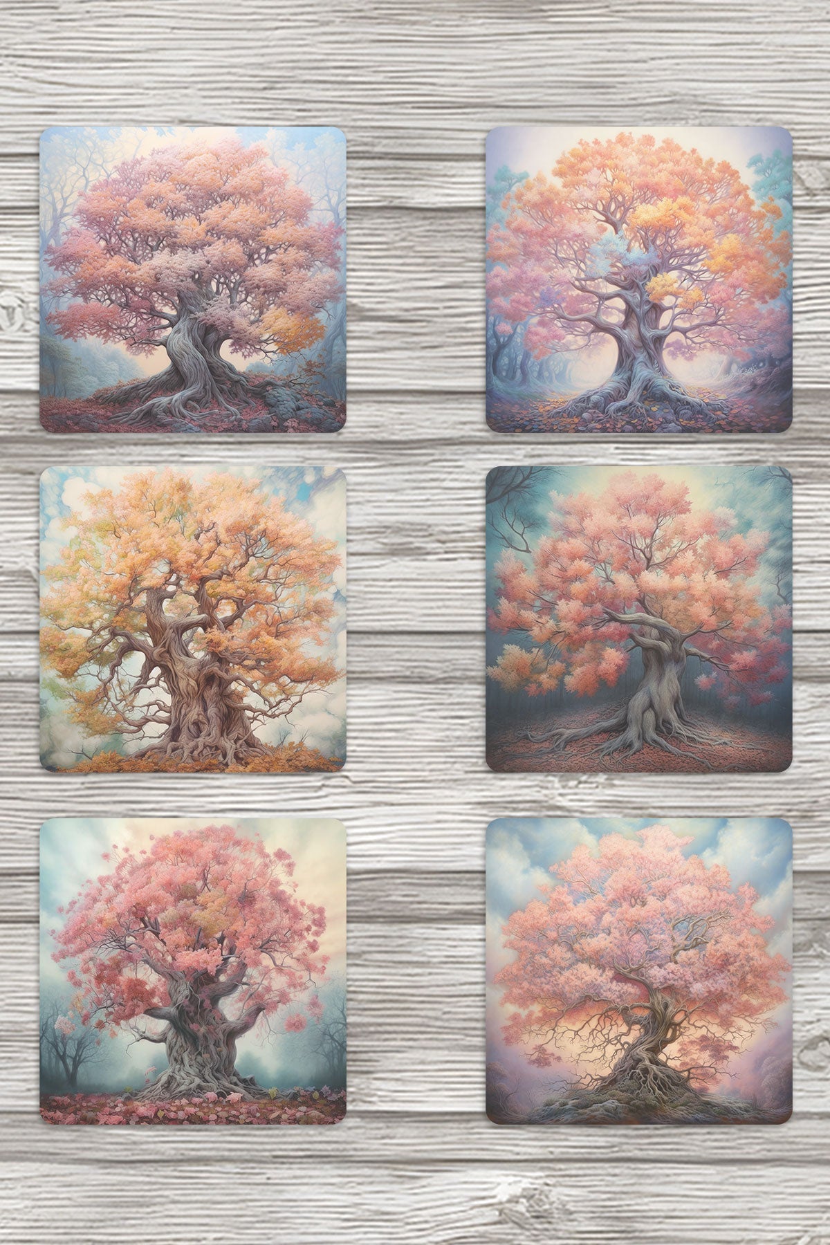 Vintage Ağaçlar No:1 Baskılı 6'lı Set Dekoratif Ahşap Kare Bardak Altlığı
