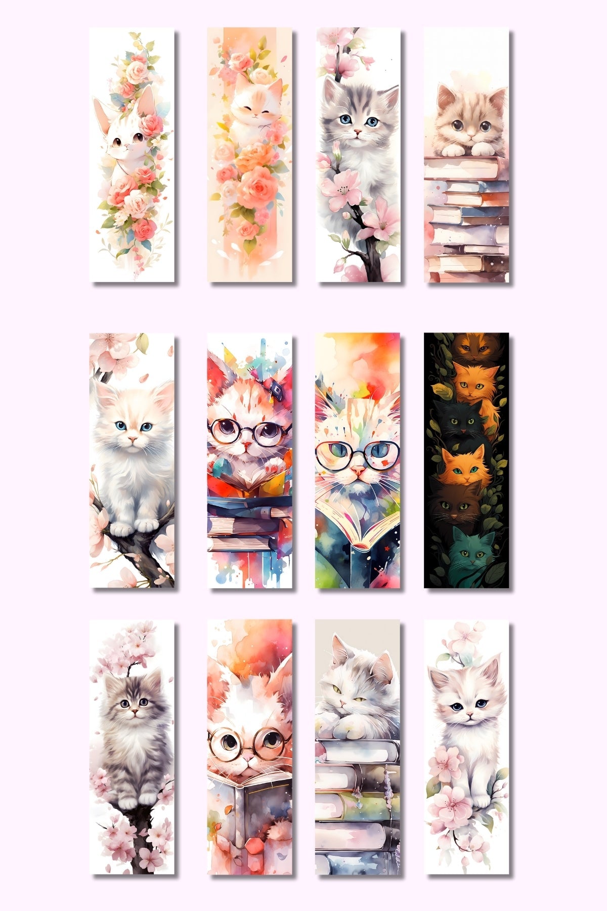 Kedi Kitap ve Çiçek Tasarım Hediyelik 12'li Kitap Ayracı Seti