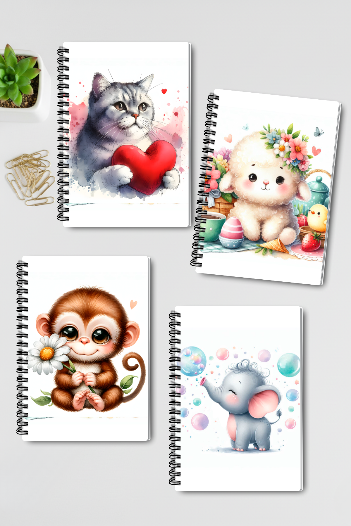 Sevimli Hayvanlar No:1 Tasarım Tel Spiralli 4'lü Hatıra Günlük Ajanda Anı Okul Defter Seti