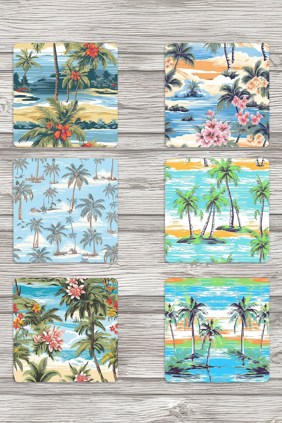 Tropikal Sahil No:1 Baskılı 6'lı Set Dekoratif Ahşap Kare Bardak Altlığı