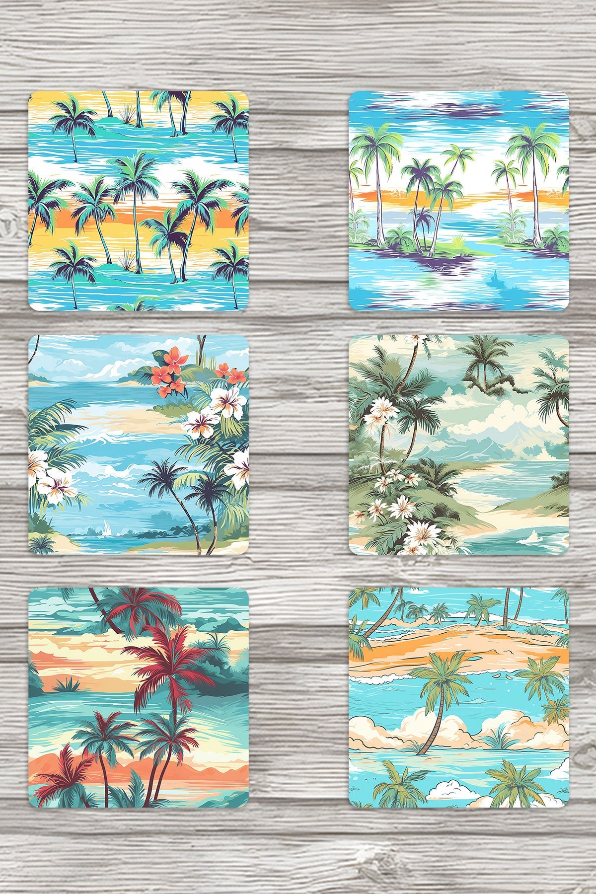 Tropikal Sahil No:2 Baskılı 6'lı Set Dekoratif Ahşap Kare Bardak Altlığı
