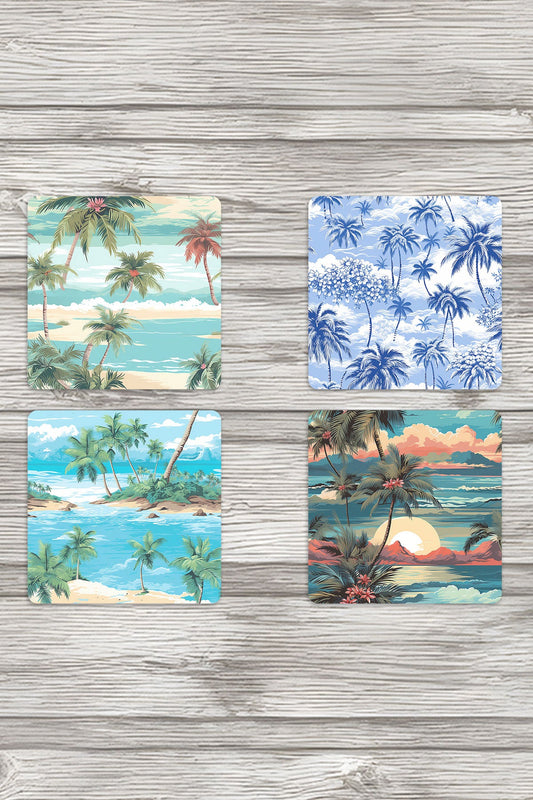 Tropikal Sahil No:3 Baskılı 4'lü Set Dekoratif Ahşap Kare Bardak Altlığı