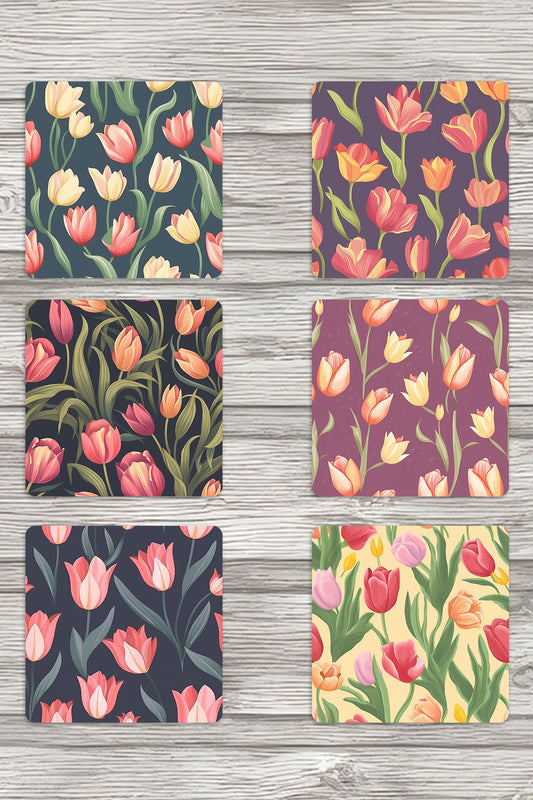 Renkli Laleler Baskılı 6'lı Set Dekoratif Ahşap Kare Bardak Altlığı