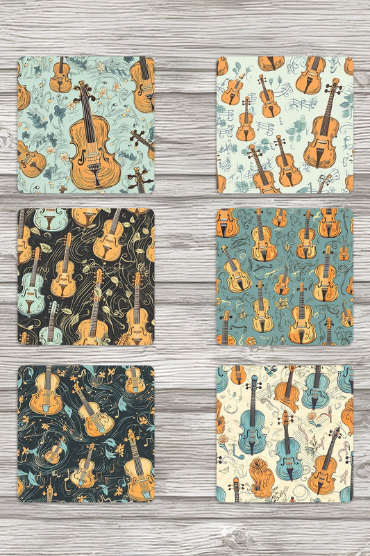 Violin Temalı No:2 Baskılı 6'lı Set Dekoratif Ahşap Kare Bardak Altlığı