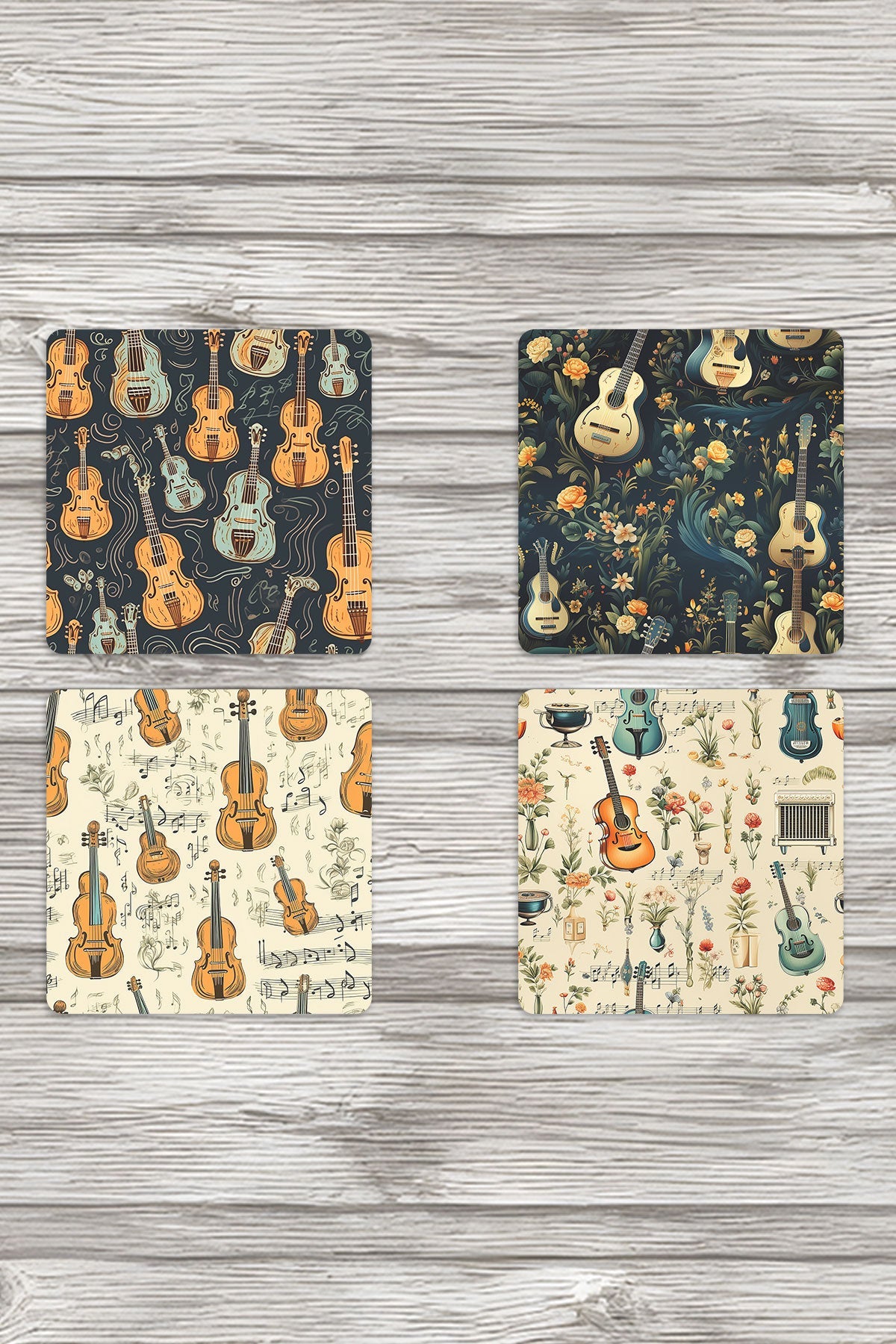 Violin Temalı No:3 Baskılı 4'lü Set Dekoratif Ahşap Kare Bardak Altlığı