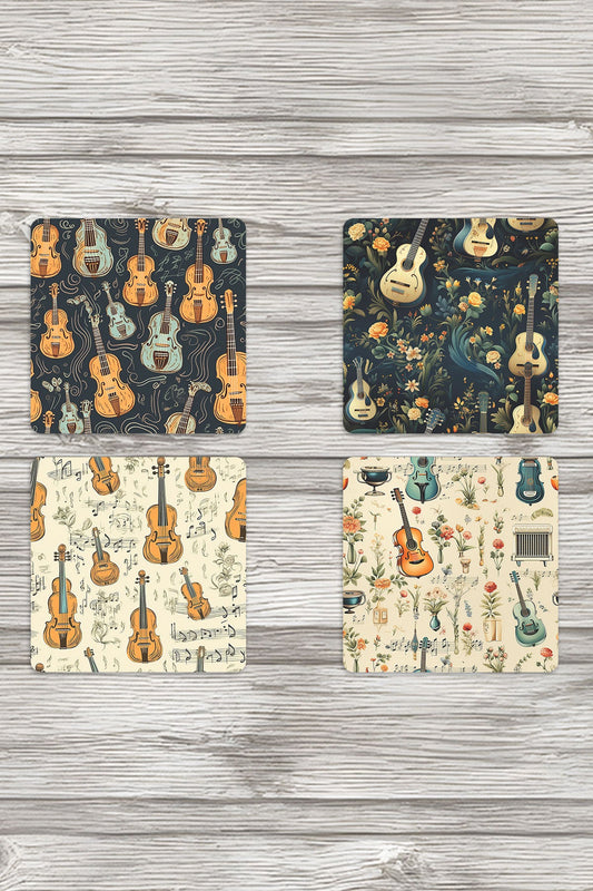 Violin Temalı No:3 Baskılı 4'lü Set Dekoratif Ahşap Kare Bardak Altlığı
