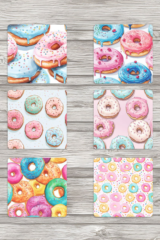 Renkli Donutlar No:1 Baskılı 6'lı Set Dekoratif Ahşap Kare Bardak Altlığı