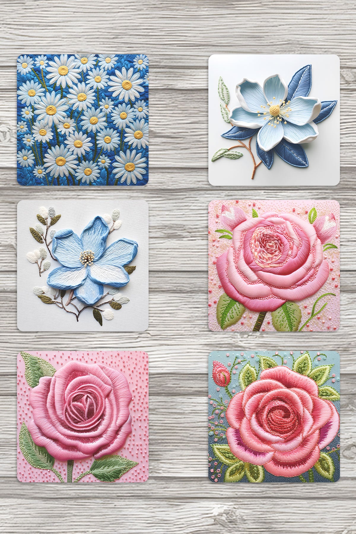 Doğal Çiçekler Temalı No:2 Hediyelik Baskılı 6'lı Set Dekoratif Ahşap Kare Bardak Altlığı