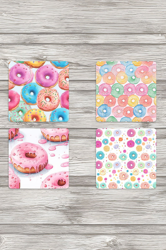 Renkli Donutlar No:2 Baskılı 4'lü Set Dekoratif Ahşap Kare Bardak Altlığı