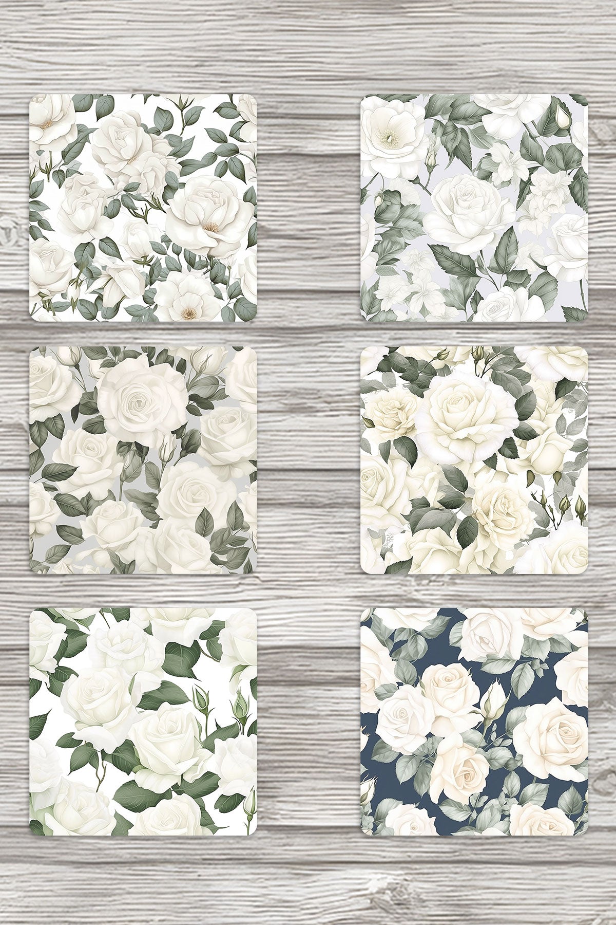 Beyaz Güller No:3 Baskılı 6'lı Set Dekoratif Ahşap Kare Bardak Altlığı