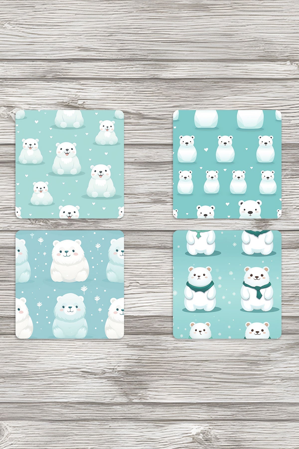 Sevimli Ayılar Baskılı 4'lü Set Dekoratif Ahşap Kare Bardak Altlığı