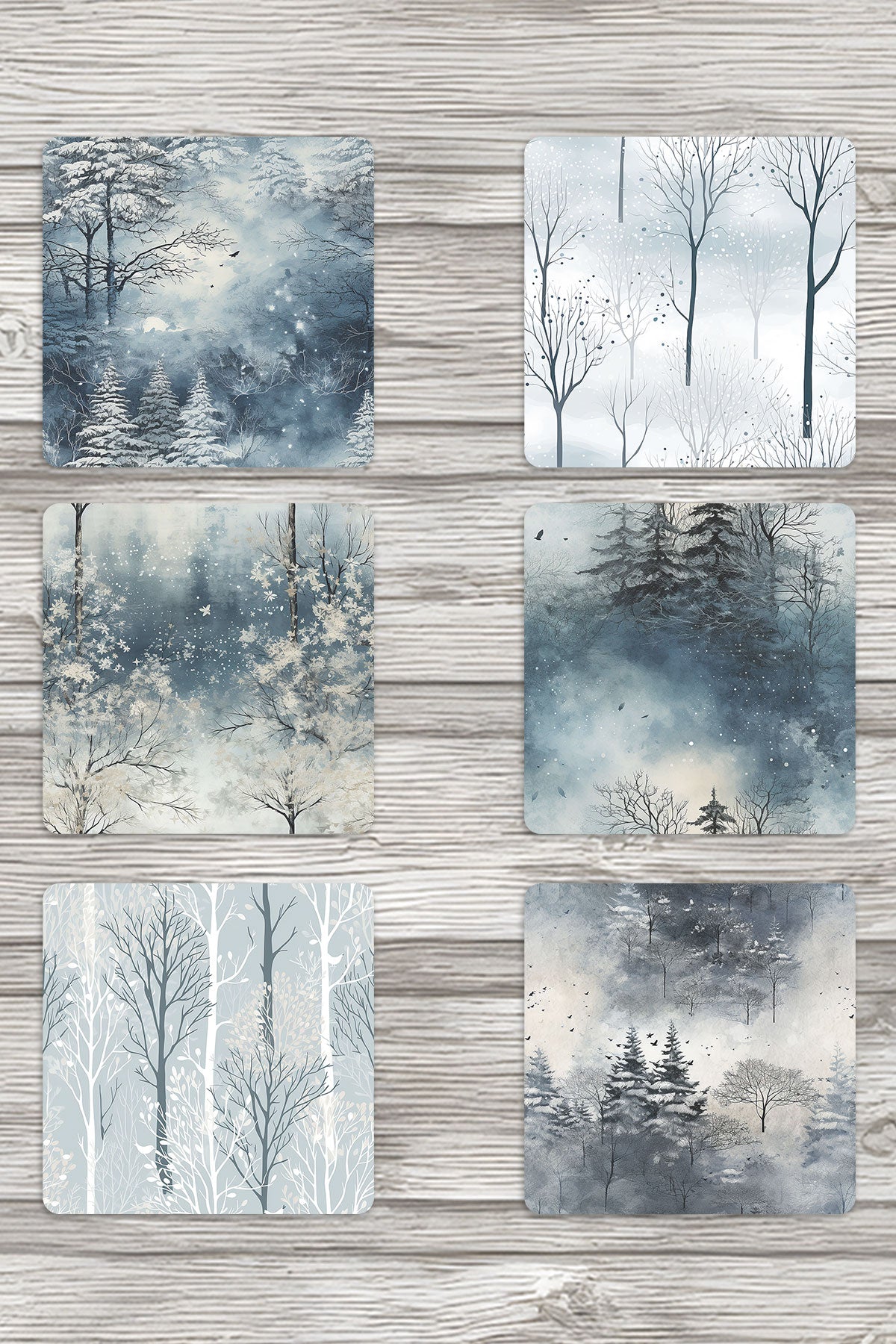 Kış Temalı No:3 Baskılı 6'lı Set Dekoratif Ahşap Kare Bardak Altlığı