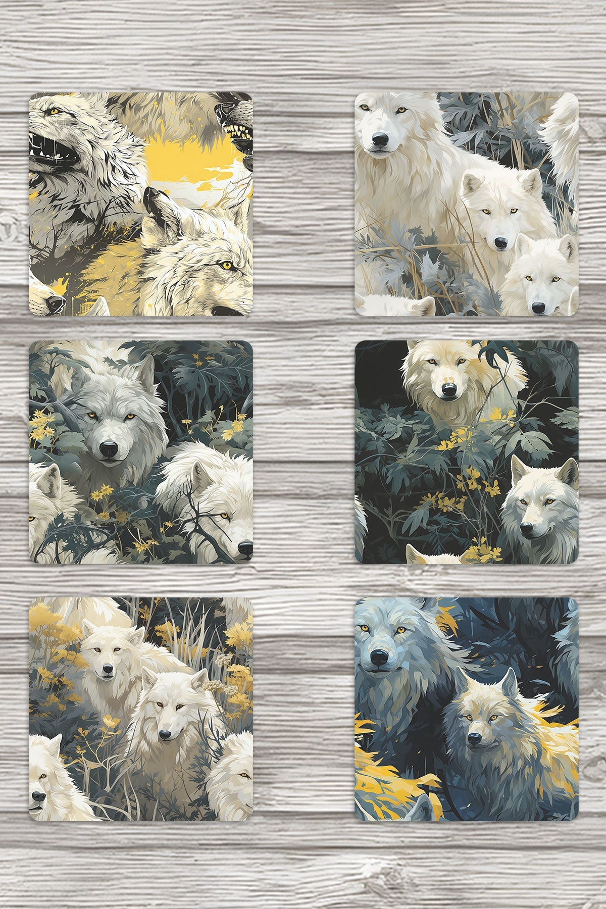 Ormanın Efendileri Beyaz Kurtlar No:1 Baskılı 6'lı Set Dekoratif Ahşap Kare Bardak Altlığı