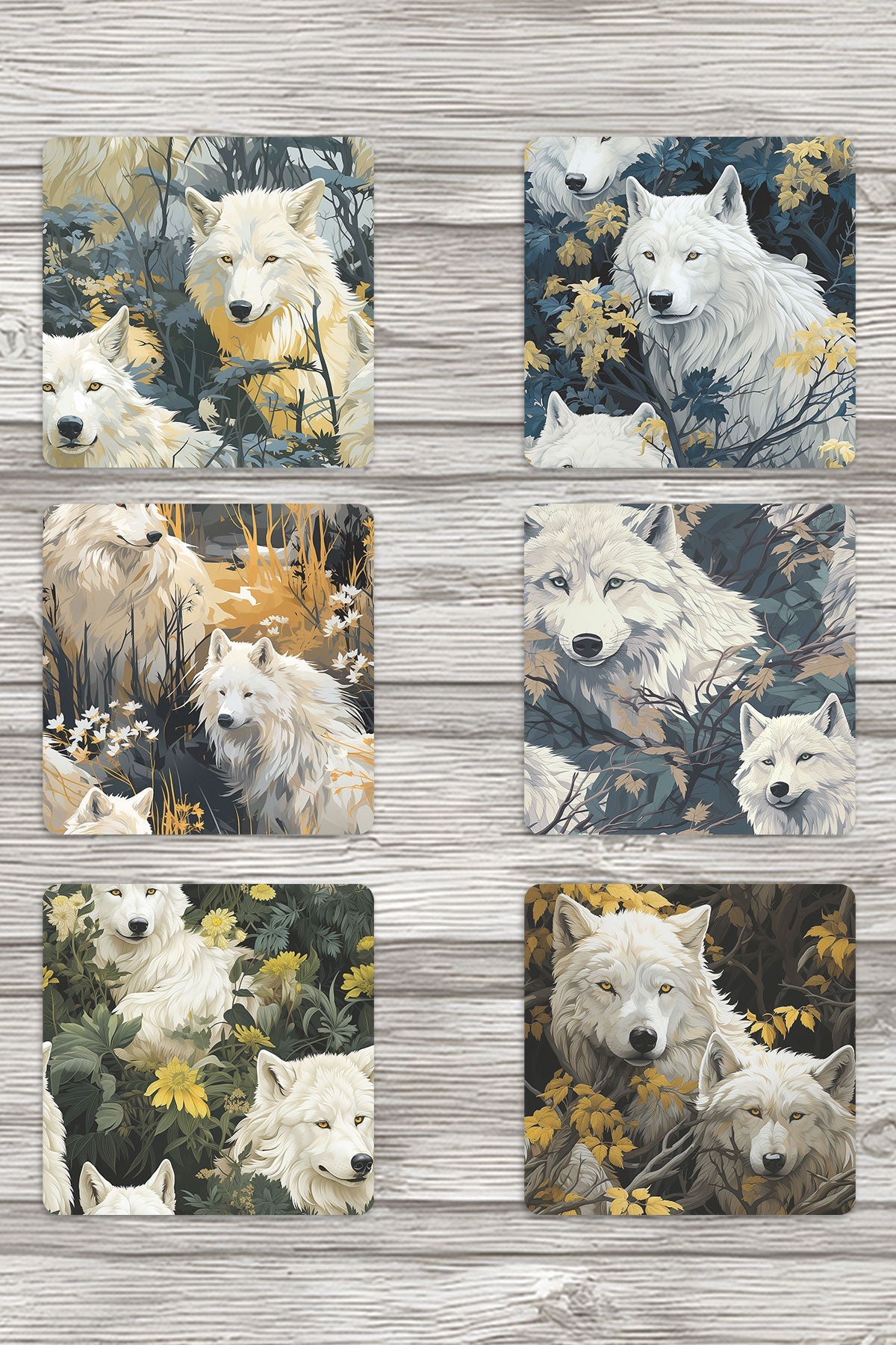 Ormanın Efendileri Beyaz Kurtlar No:2 Baskılı 6'lı Set Dekoratif Ahşap Kare Bardak Altlığı