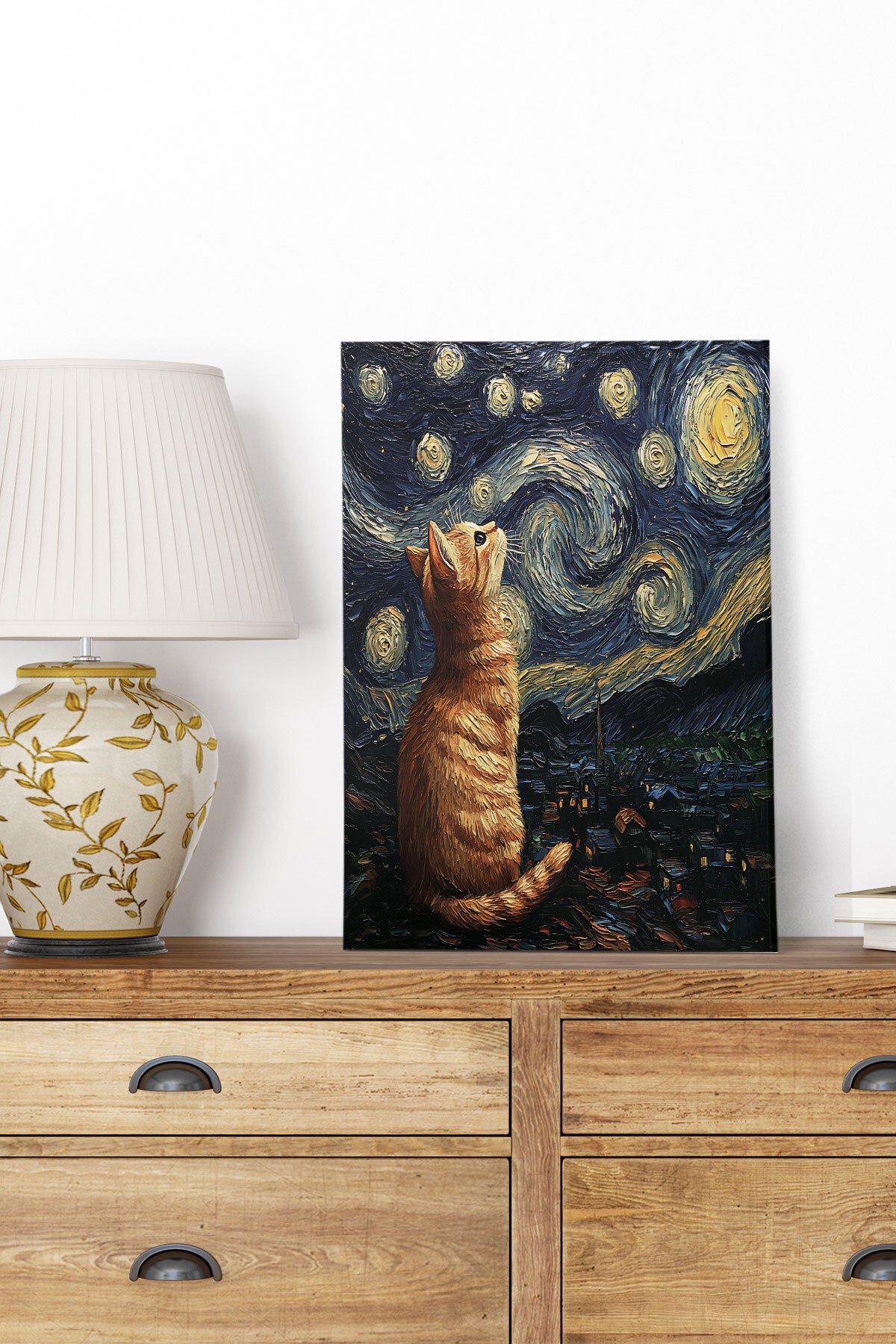 Starry Night Kediler Van Gogh temalı No 8 görselli 18x27 cm MDF ahşap duvar tablosu