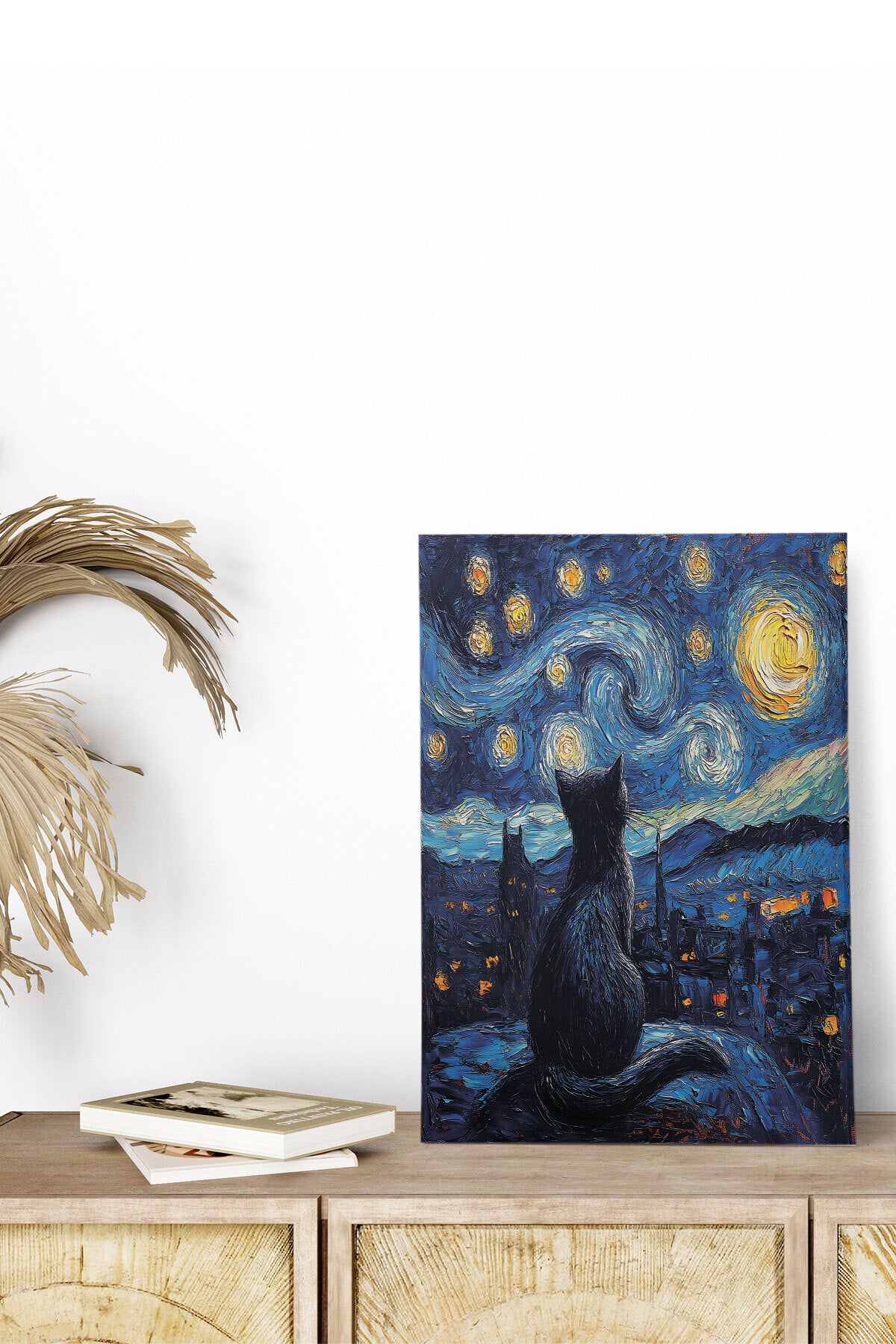 Starry Night Kediler Van Gogh temalı No 13 görselli 18x27 cm MDF ahşap duvar tablosu