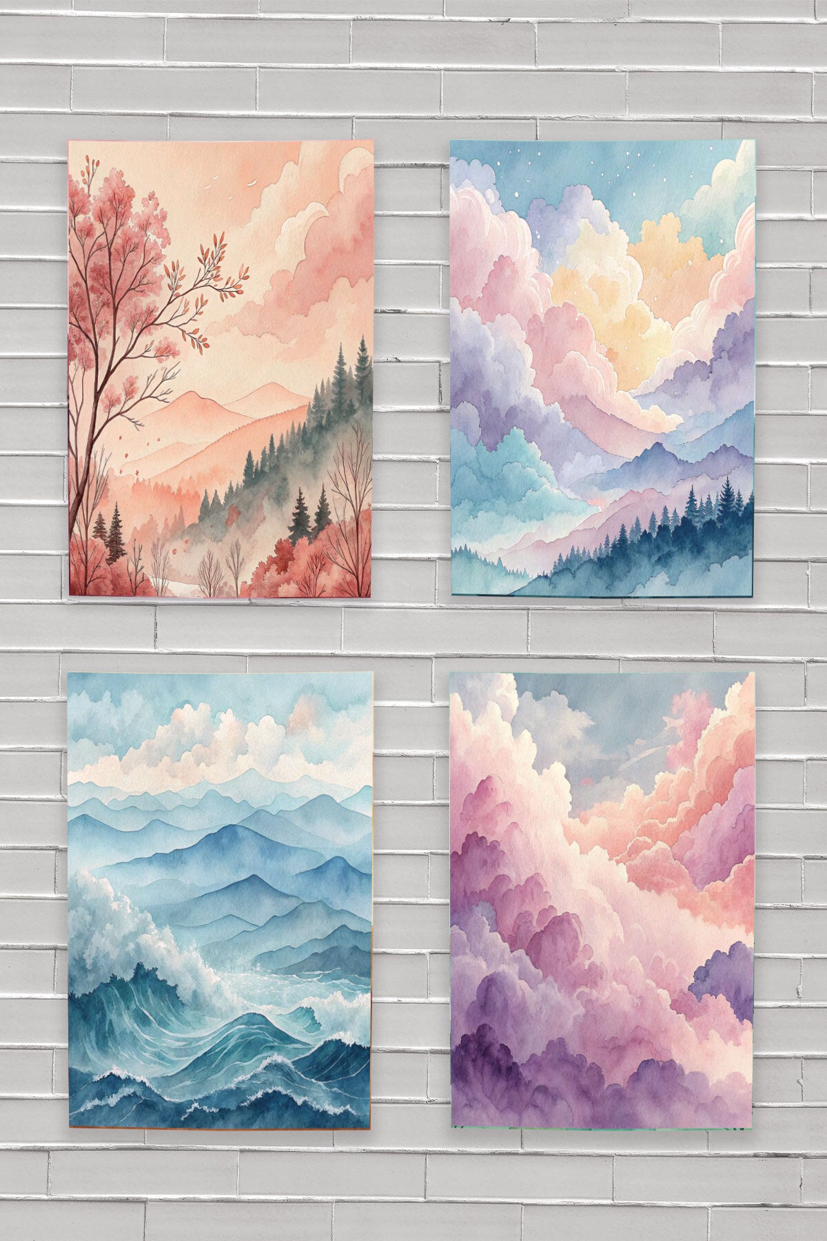 Suluboya Görünümlü Doğa Manzara temalı No 3 4'lü set, 18x27 cm MDF ahşap duvar tabloları