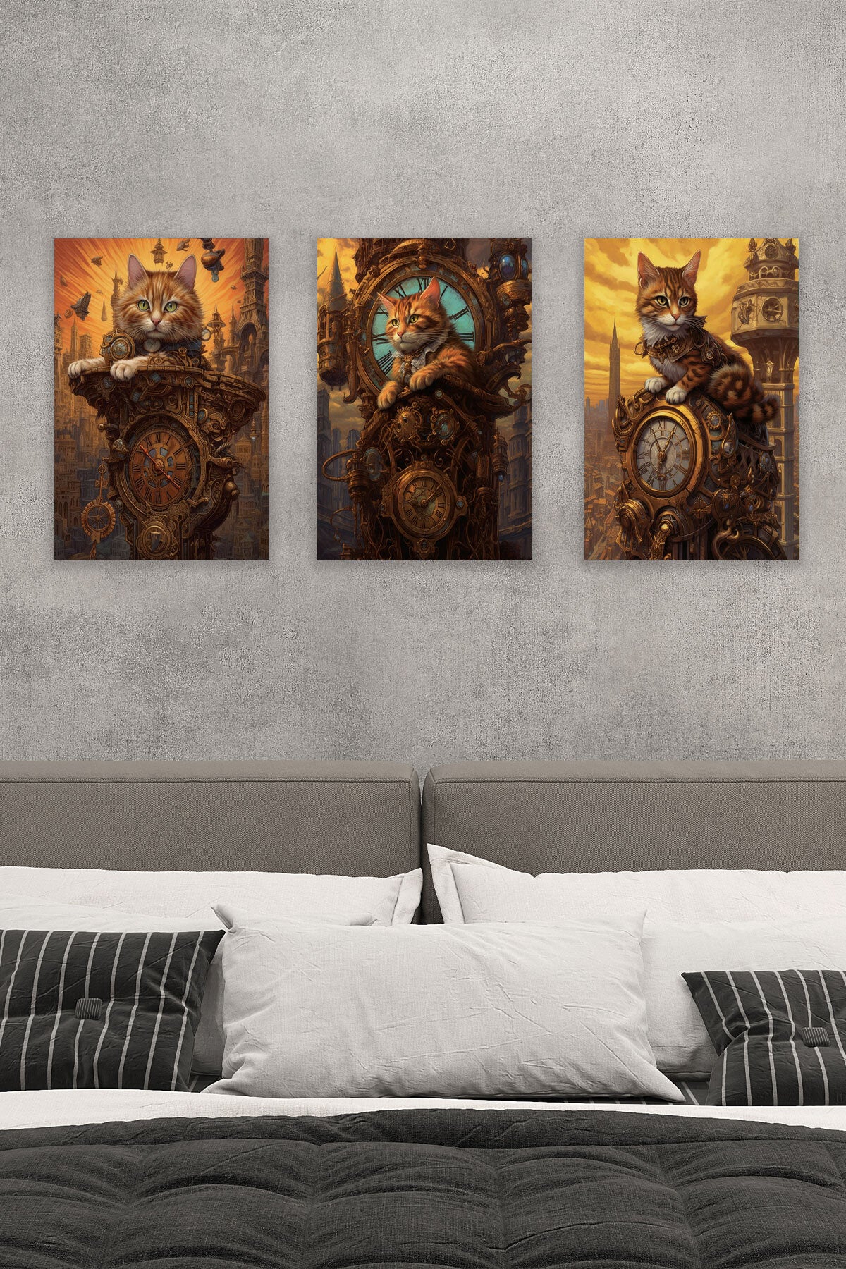 Steampunk Retro Sevimli Kediler No 4 3'lü set, 18x27 cm MDF ahşap duvar tabloları