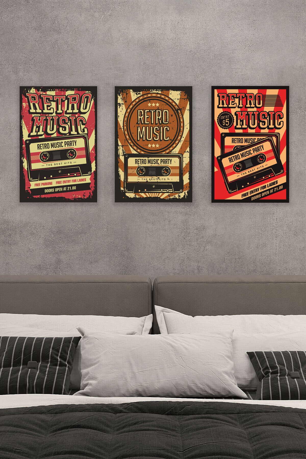 Retro Seksenler Müzik temalı rEv Dekorasyon Wall Art 3'lü set, 18x27 cm MDF ahşap duvar tabloları