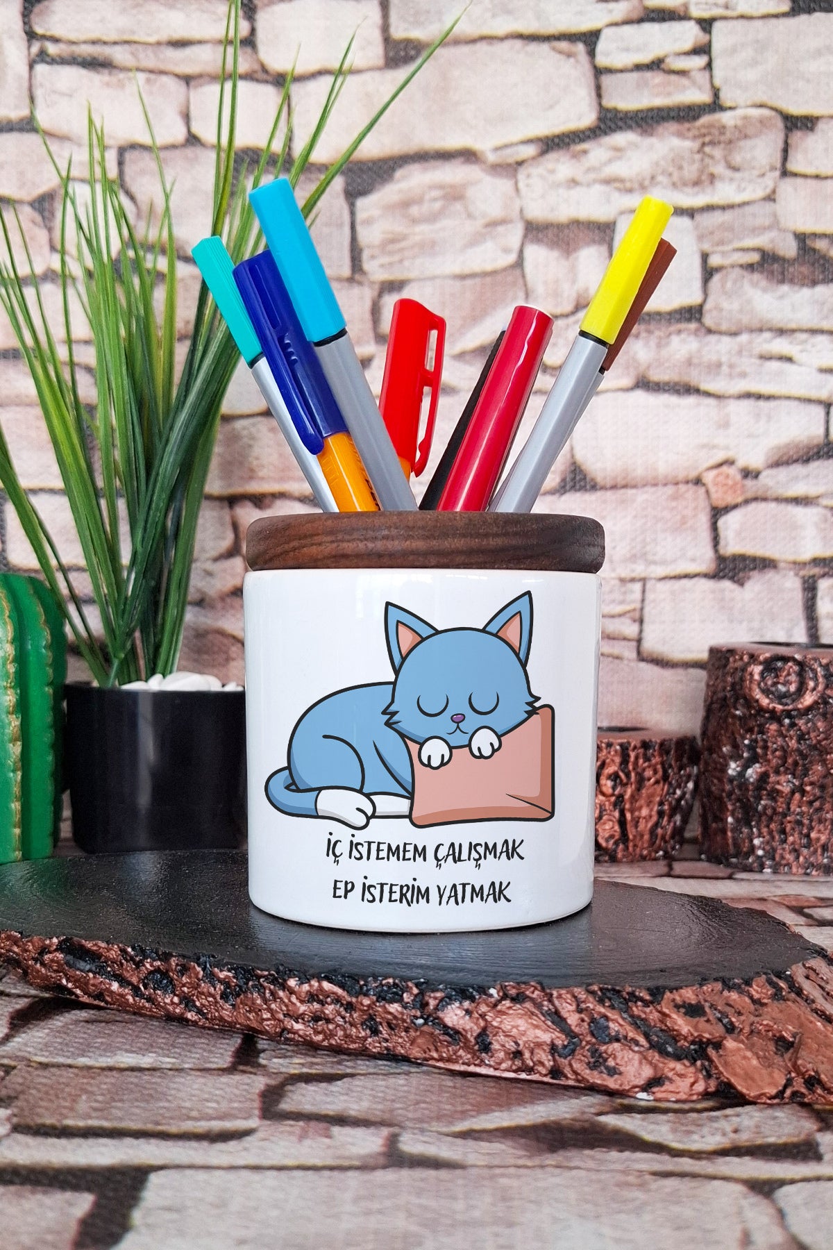 İç İstemem Çalışmak Sevimli Kedi Eğlenceli Komik Hediyelik tasarımlı seramik kalemlik