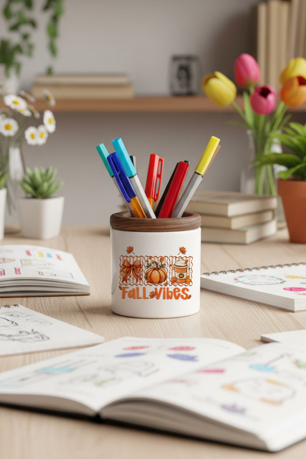 Hello Fall Vibes tasarımlı seramik kalemlik