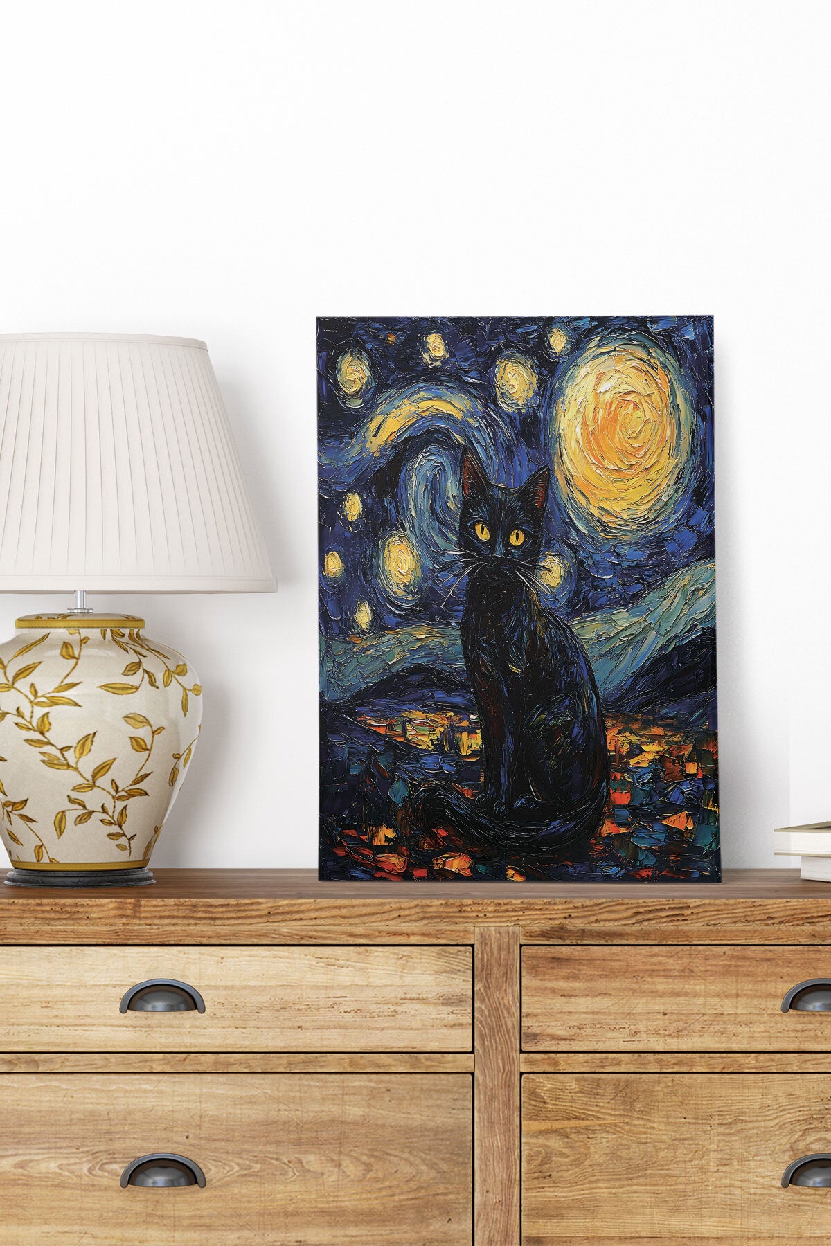 Starry Night Kediler Van Gogh temalı No 5 görselli 18x27 cm MDF ahşap duvar tablosu