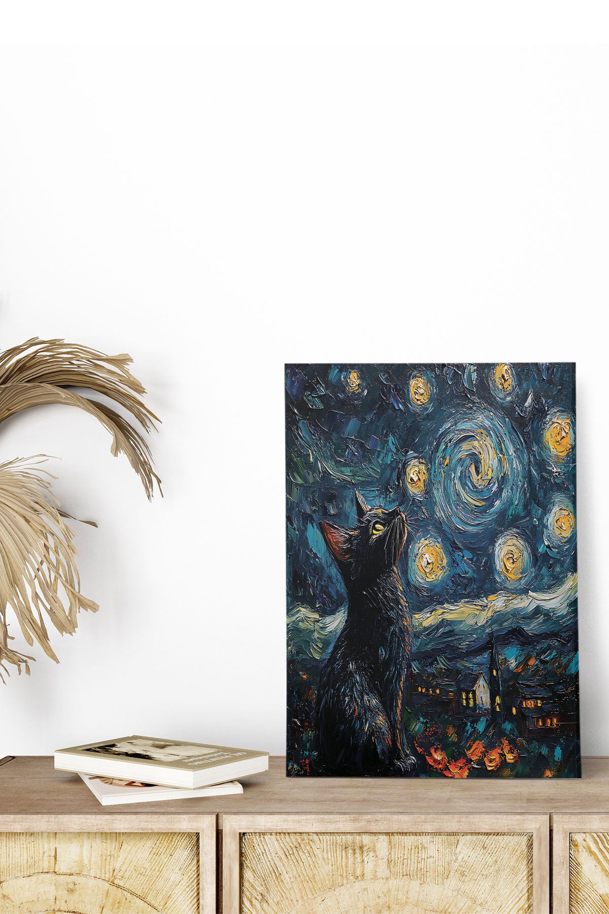 Starry Night Kediler Van Gogh temalı No 12 görselli 18x27 cm MDF ahşap duvar tablosu