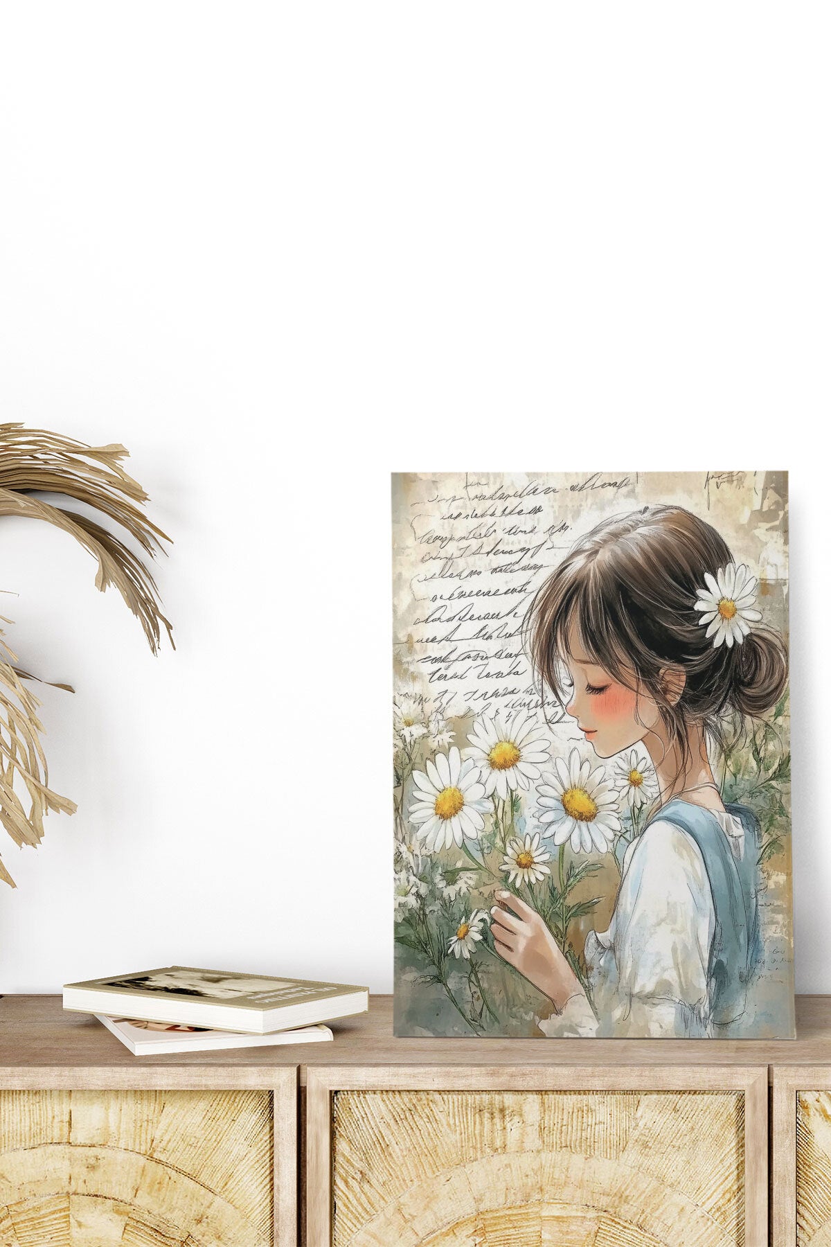 Papatyalar İçerisinde Kız temalı No 3 görselli 18x27 cm MDF ahşap duvar tablosu