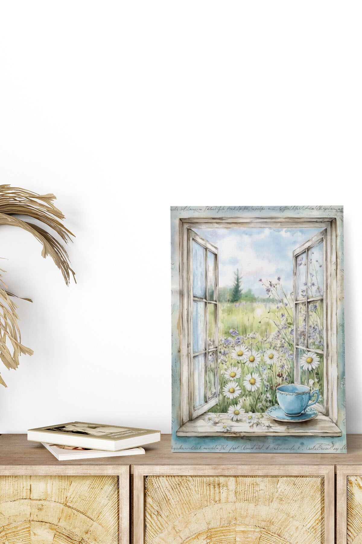 Ahşap Pencere Manzaralı Kır Çiçekleri ve Papatya görselli 18x27 cm MDF ahşap duvar tablosu