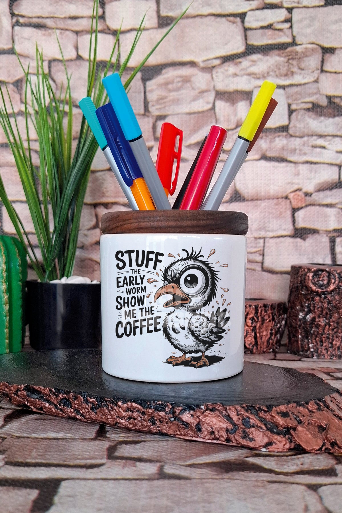 Stuff The Early Worm Show Me The Coffee tasarımlı seramik kalemlik