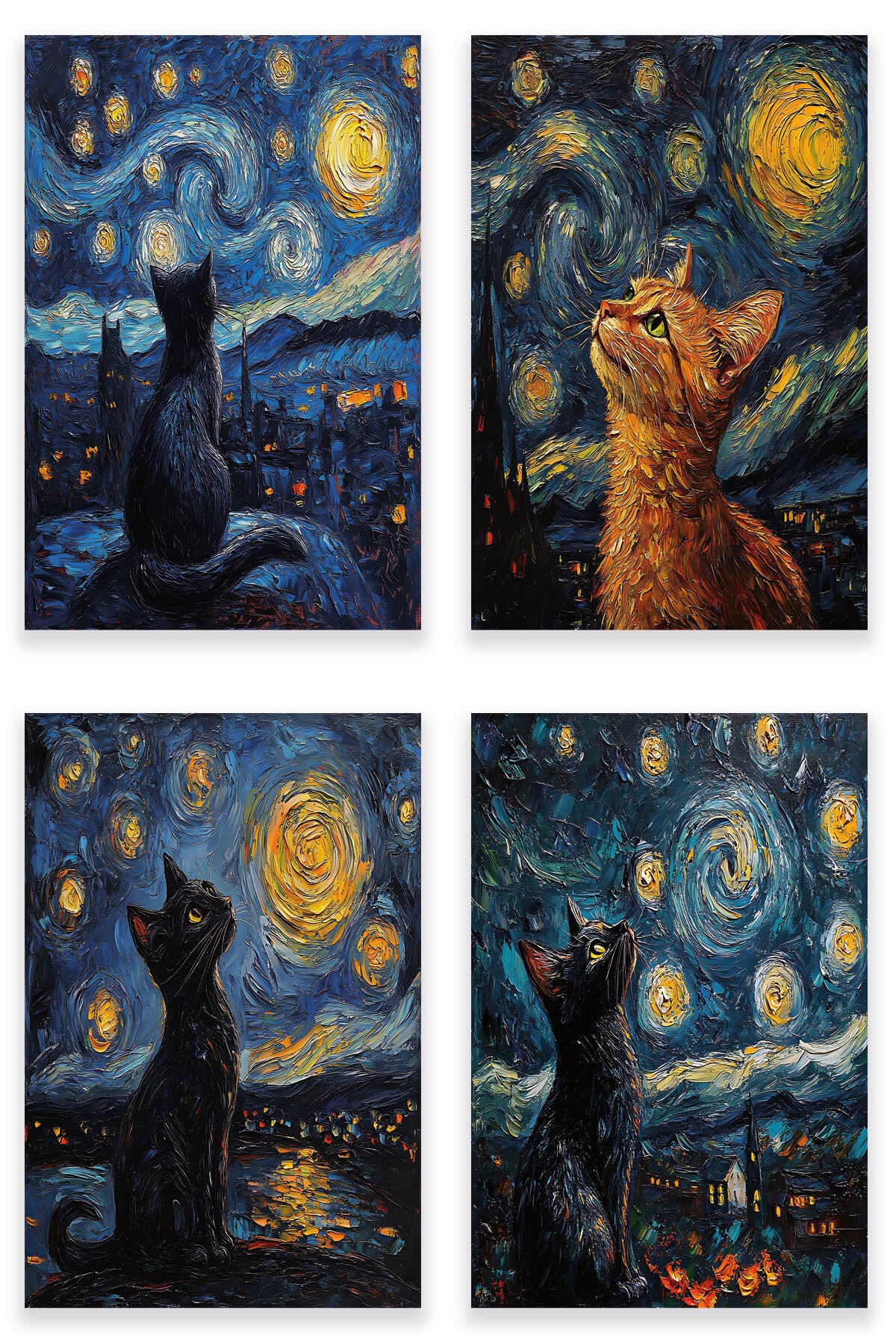 Starry Night Kediler Van Gogh temalı No 3 4'lü set, 18x27 cm MDF ahşap duvar tabloları