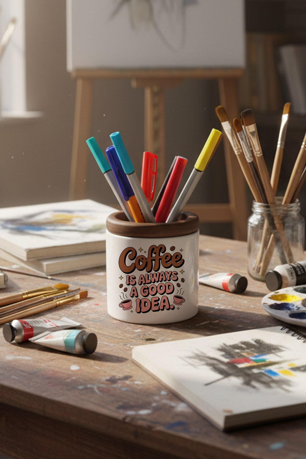Coffee Is Always Good Idea tasarımlı seramik kalemlik