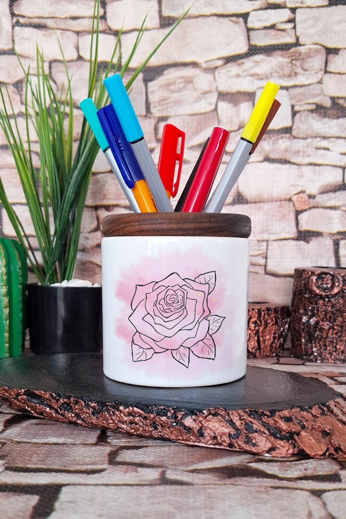 Soft Pembe Gül tasarımlı seramik kalemlik