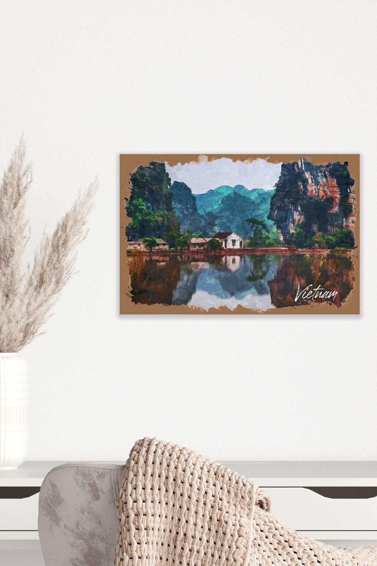 Retro Vietnam Manzaralı görselli 18x27 cm MDF ahşap duvar tablosu