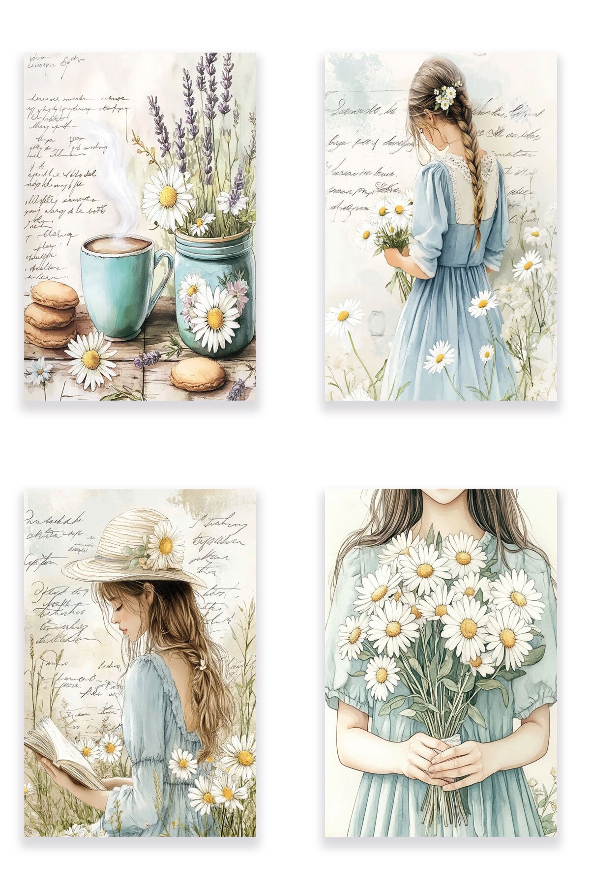 Kır Çiçekleri ve Papatyalar temalı No 2 4'lü set, 18x27 cm MDF ahşap duvar tabloları