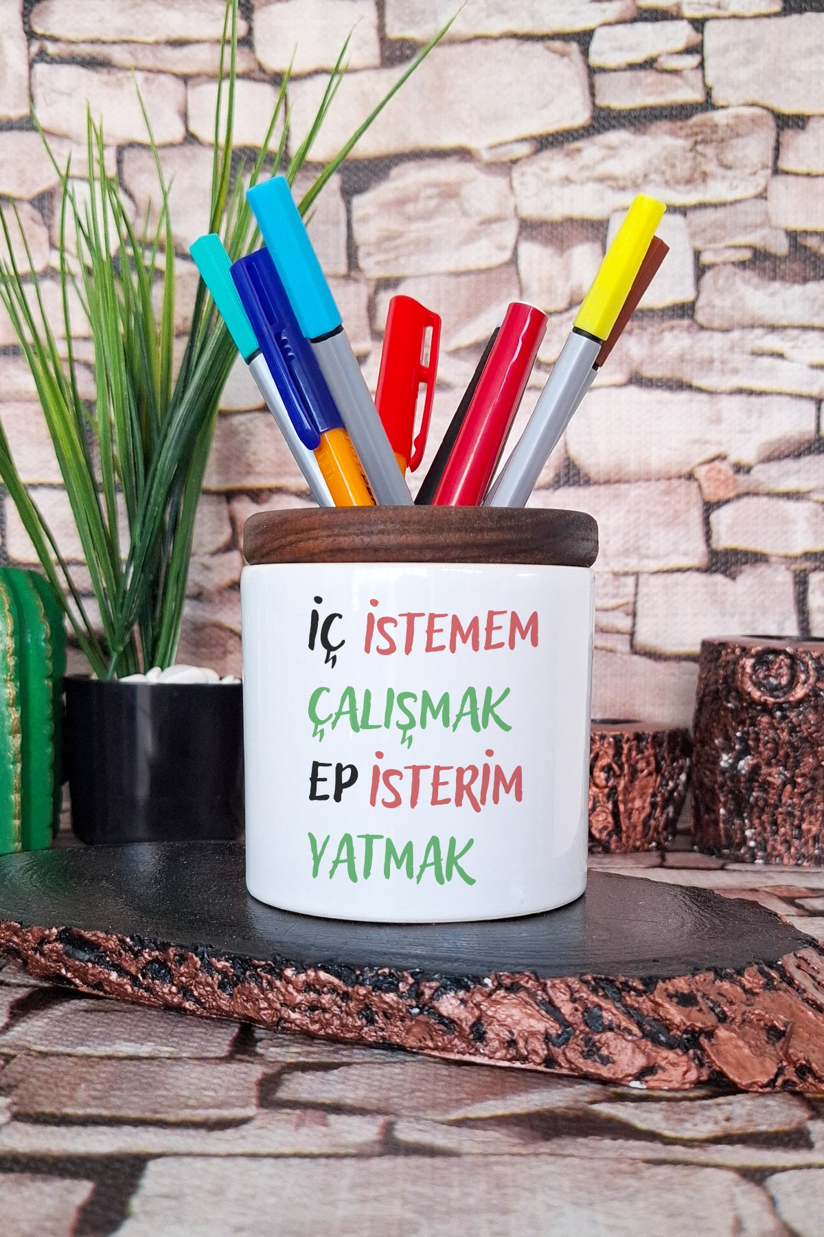 İç İstemem Çalışmak Ep İsterim Yatmak Sevimli Kedi Komik Hediyelik tasarımlı seramik kalemlik