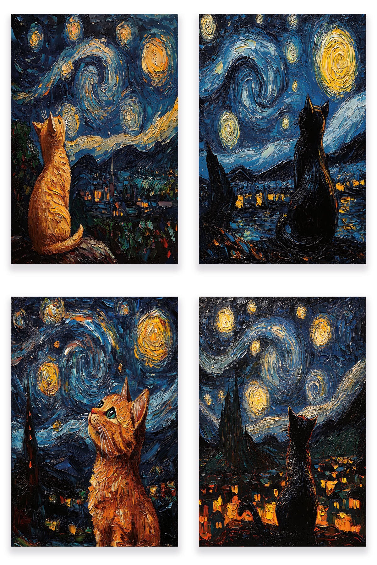 Starry Night Kediler Van Gogh temalı No 2 4'lü set, 18x27 cm MDF ahşap duvar tabloları