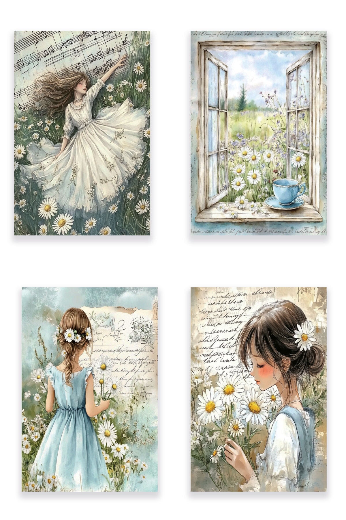 Kır Çiçekleri ve Papatyalar temalı No 1 4'lü set, 18x27 cm MDF ahşap duvar tabloları