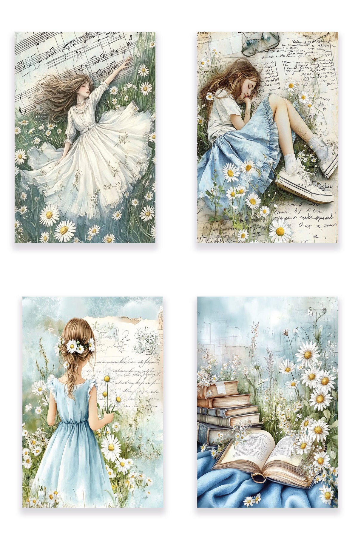 Kır Çiçekleri ve Papatyalar temalı No 3 4'lü set, 18x27 cm MDF ahşap duvar tabloları