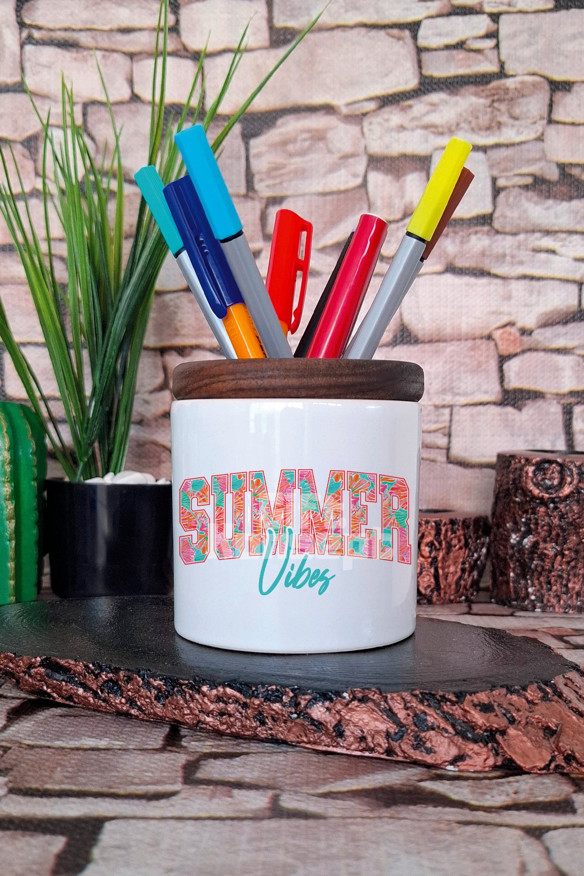 Summer Vibes Turkuaz Yaz Temalı tasarımlı seramik kalemlik