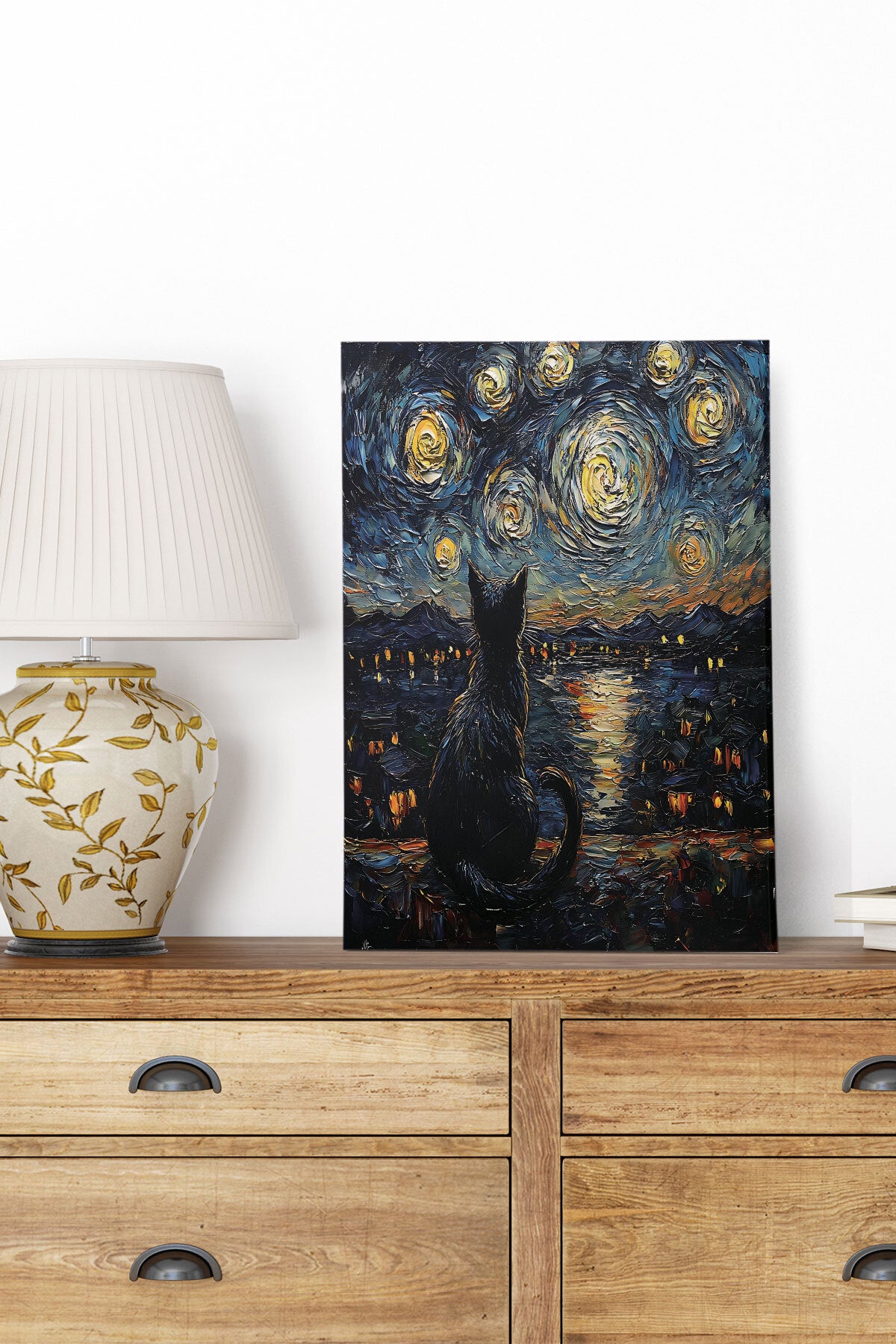 Starry Night Kediler Van Gogh temalı No 4 görselli 18x27 cm MDF ahşap duvar tablosu