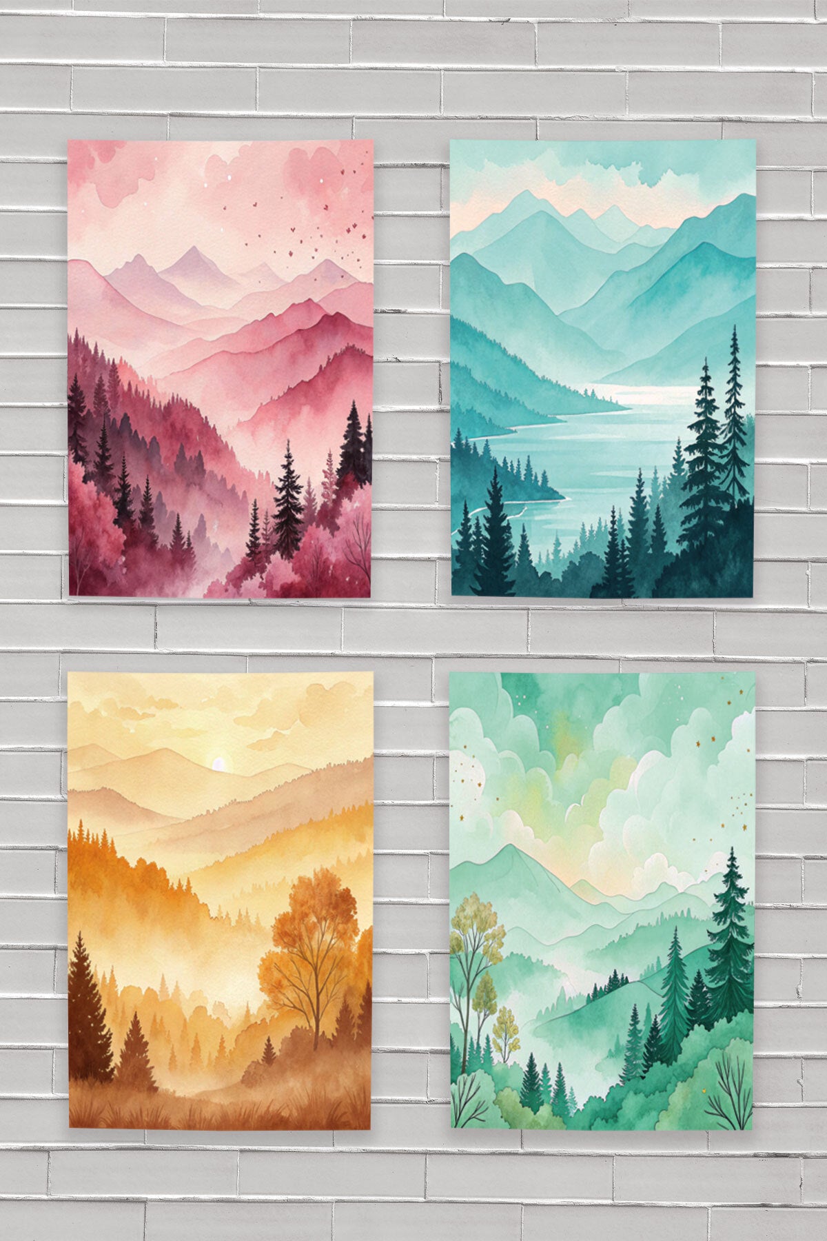 Suluboya Görünümlü Doğa Manzara temalı No 2 4'lü set, 18x27 cm MDF ahşap duvar tabloları