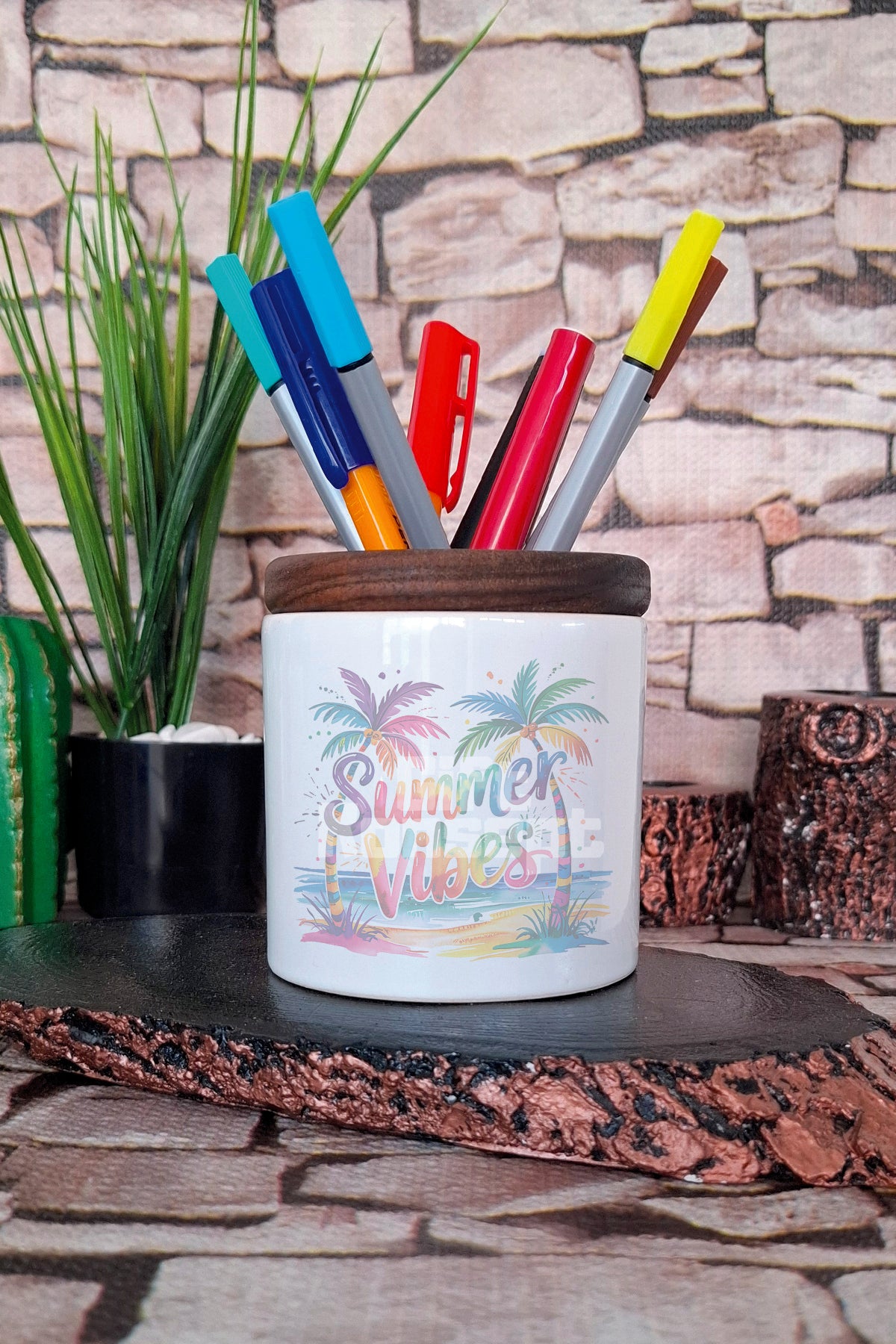 Summer Vibes Renkli Palmiyeler tasarımlı seramik kalemlik