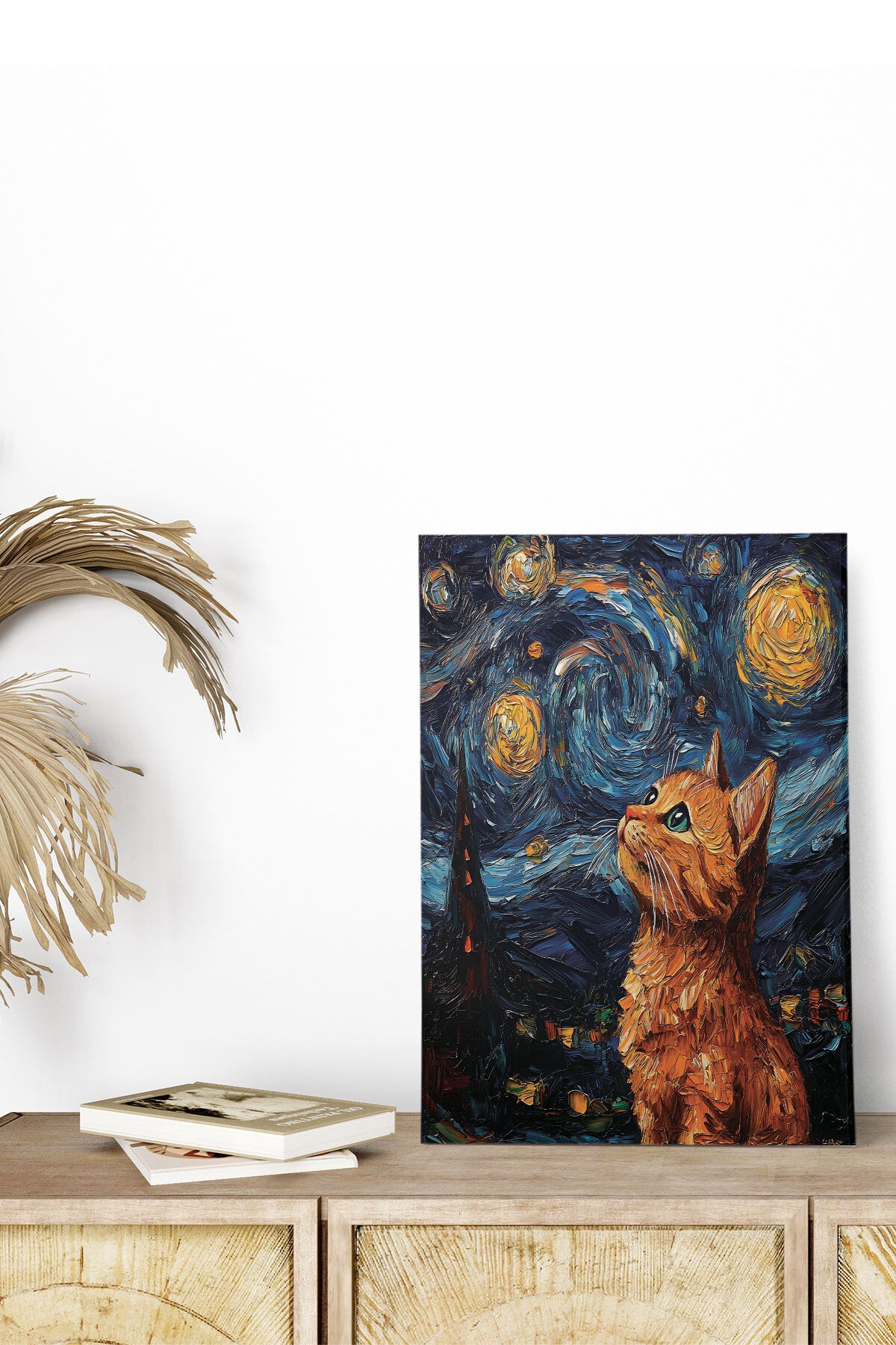 Starry Night Kediler Van Gogh temalı No 11 görselli 18x27 cm MDF ahşap duvar tablosu