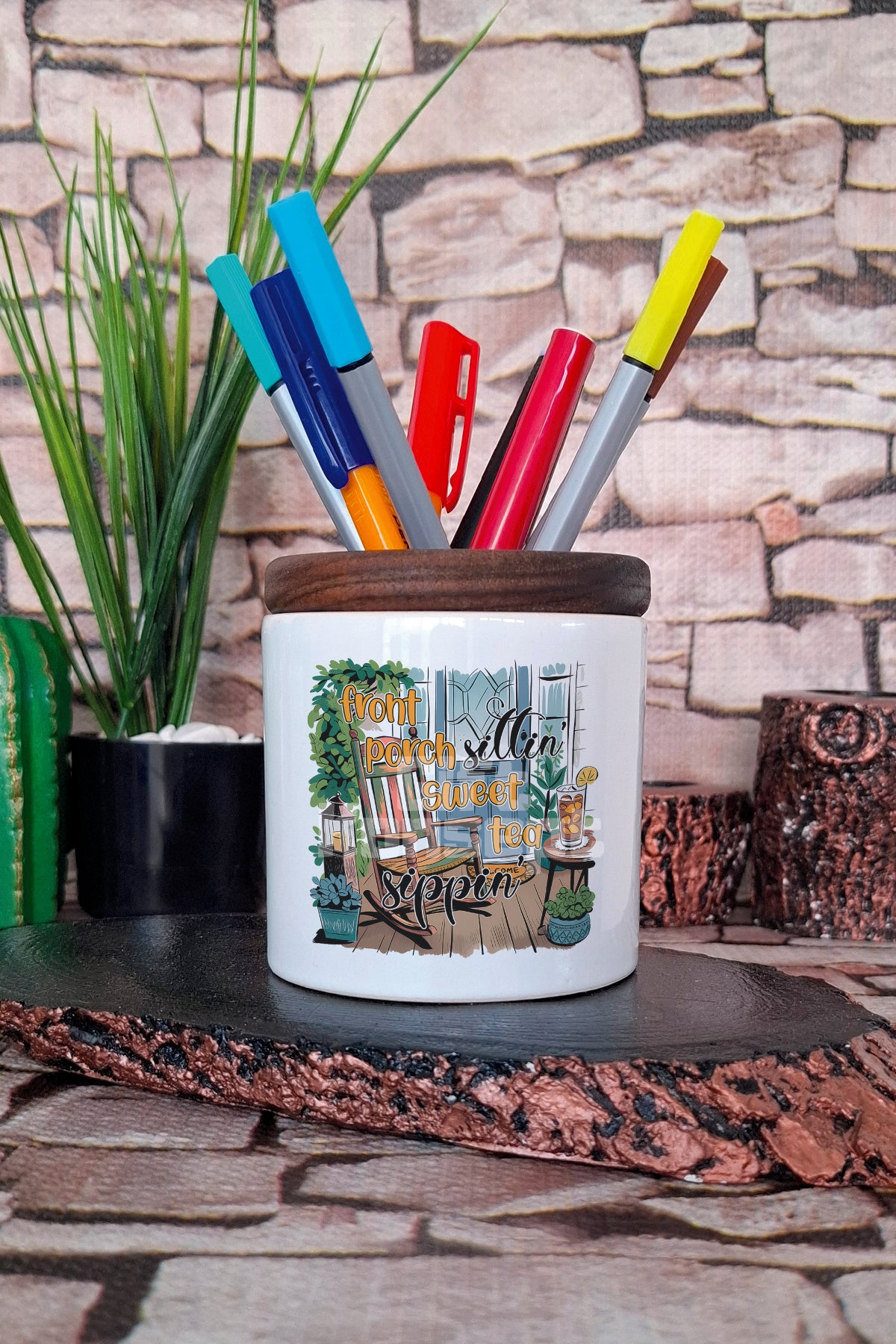 Front Porch Sittin Sweet Tea Sippin tasarımlı seramik kalemlik