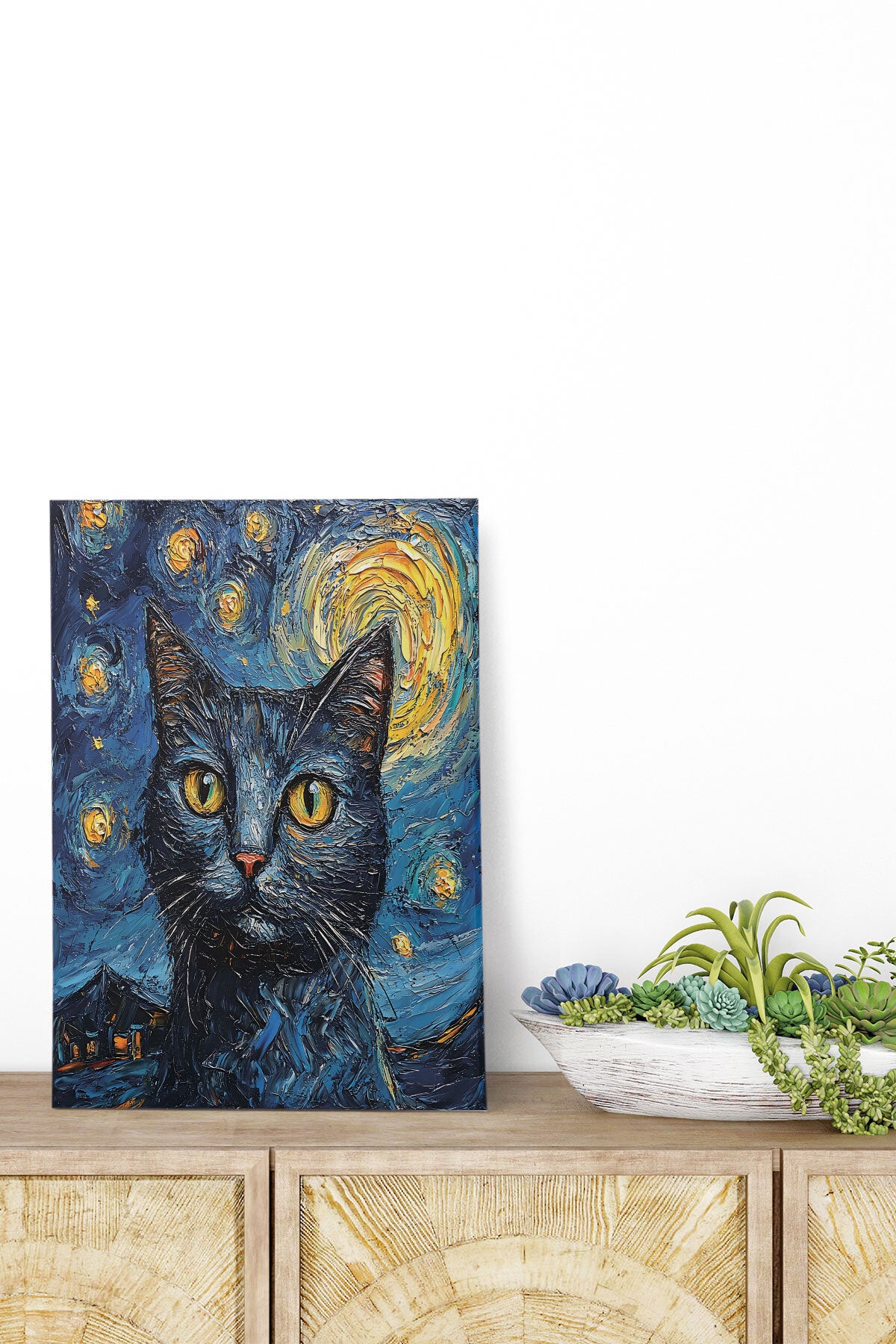 Starry Night Kediler Van Gogh temalı No 1 görselli 18x27 cm MDF ahşap duvar tablosu